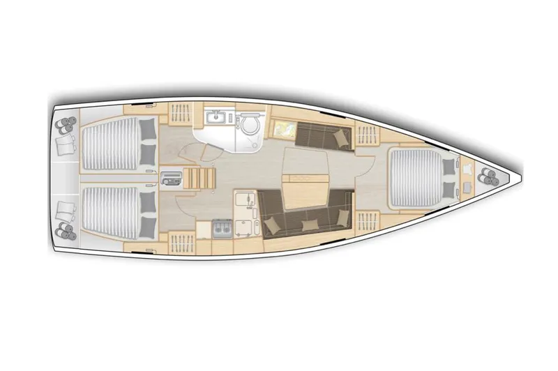 Slide: The Image of Floor plan of 2025 Hanse 418 yacht, featuring cabins, kitchen, and bathroom layout. - 19