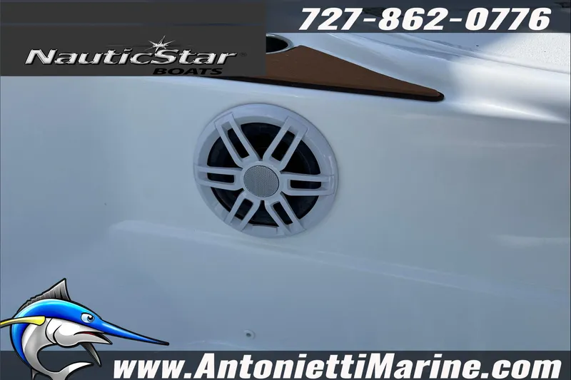 Slide: The Image of 2025 NauticStar 194 Bay boat speaker detail with branding and contact information. - 9