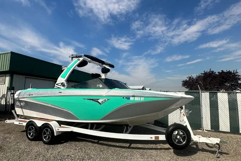 Slide: The Image of 2022 Tigé Z3 boat on trailer under blue sky. - 12