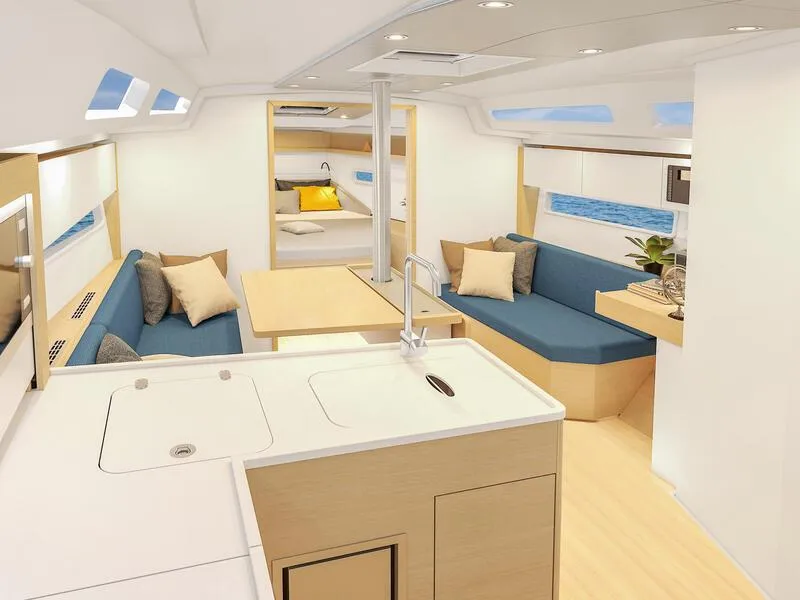 Slide: The Image of Modern interior of 2025 Hanse 360 yacht with sleek design and comfortable seating. - 10