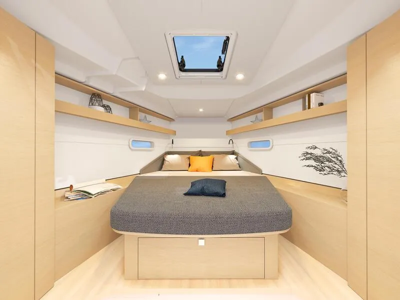 Slide: The Image of Modern interior of 2025 Hanse 360 yacht cabin with skylight and cozy bed. - 11