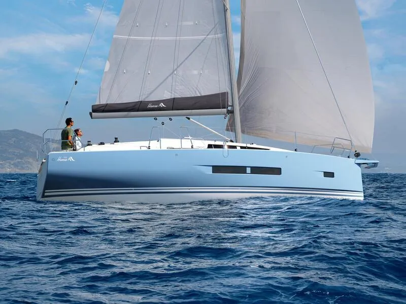 Slide: The Image of 2025 Hanse 360 sailboat cruising on open sea under clear blue skies. - 2