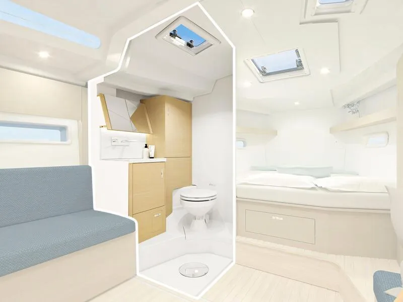 Slide: The Image of Modern interior of 2025 Hanse 360 yacht featuring a compact bathroom and cozy sleeping area. - 6