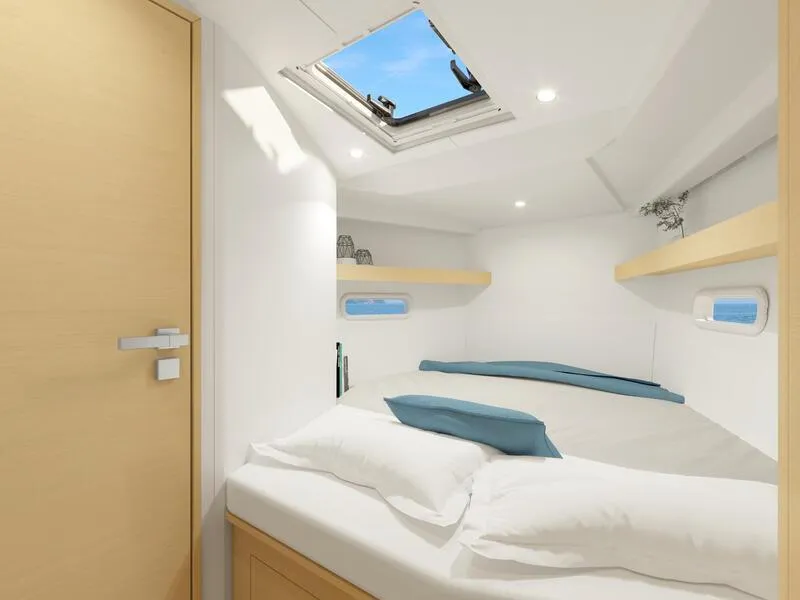 Slide: The Image of Modern cabin interior of 2025 Hanse 360 yacht with skylight and cozy bedding. - 7