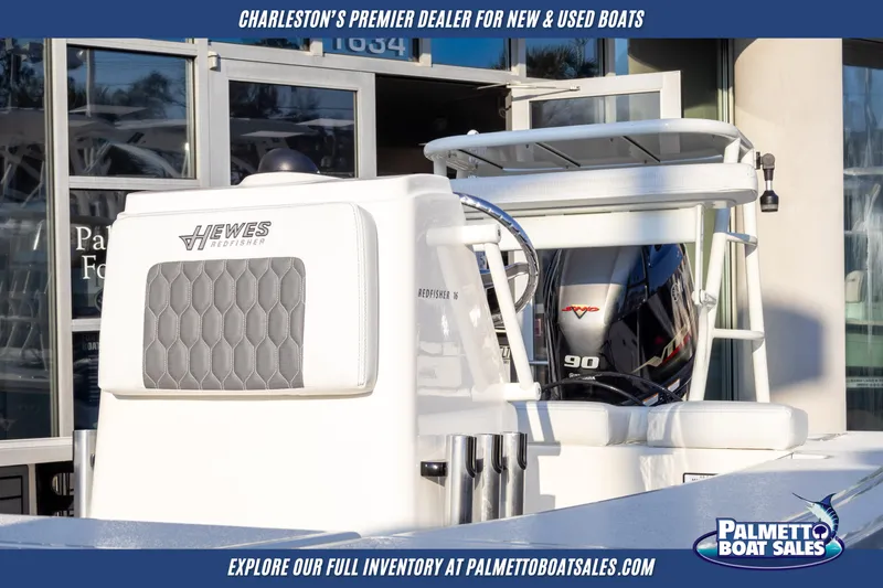 Slide: The Image of 2025 Hewes Redfisher 16 boat displayed at Palmetto Boat Sales dealership. - 3