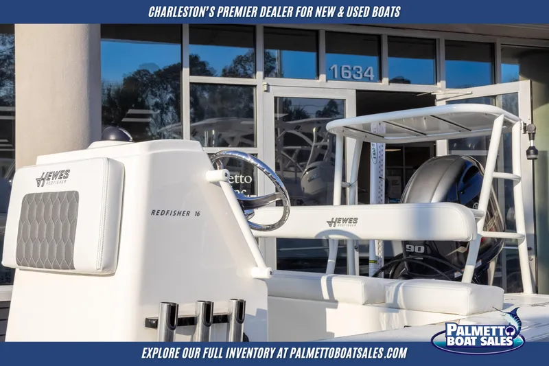 Slide: The Image of 2025 Hewes Redfisher 16 boat on trailer at Palmetto Boat Sales dealership. - 6