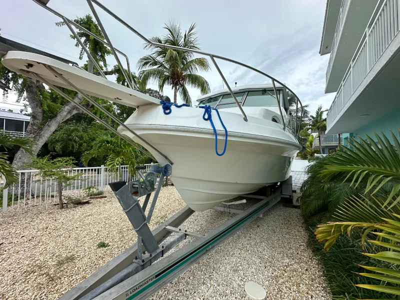 Slide: The Image of 1996 Sport-Craft 272 Sportfish boat on trailer, surrounded by tropical plants. - 4
