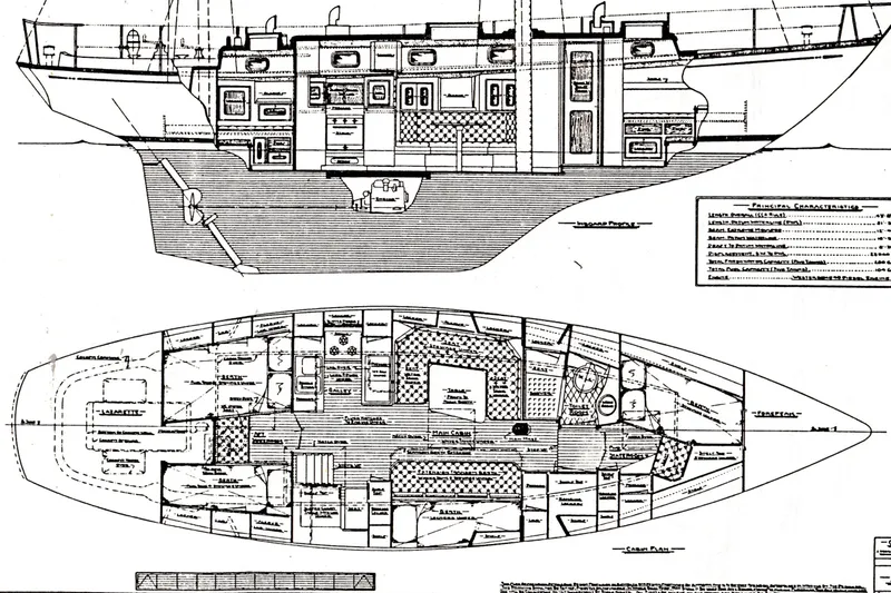 Slide: The Image of Blueprint of 1984 Mason 43 Cutter sailboat, showcasing detailed interior and exterior layout. - 2