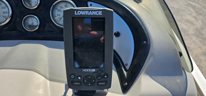 Slide: The Image of Lowrance Hook2 fish finder on 2017 G3 Sun Catcher V322C boat dashboard. - 13