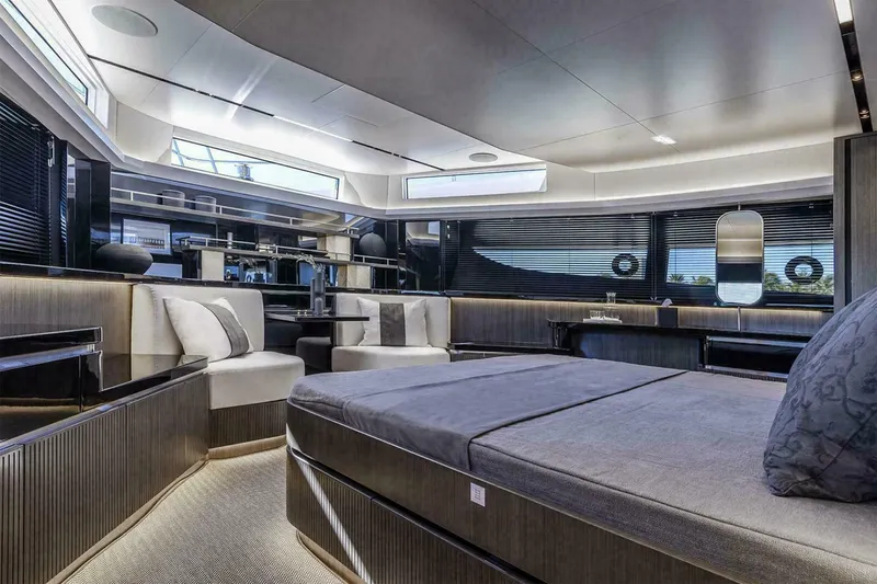 Slide: The Image of Luxurious interior of 2025 Pearl 72 yacht with modern design and elegant furnishings. - 12