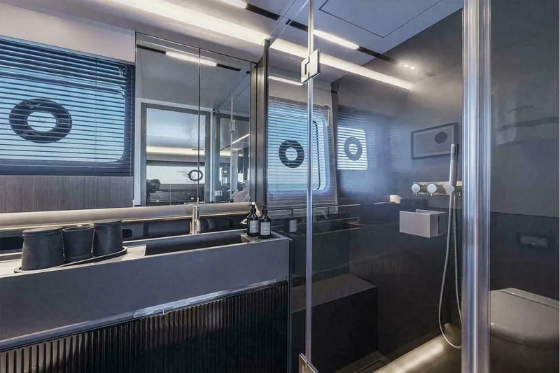 Slide: The Image of Luxurious bathroom interior in 2025 Pearl 72 yacht, featuring modern design and sleek fixtures. - 18