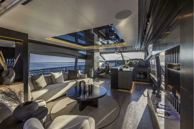 Slide: The Image of Luxurious interior of 2025 Pearl 72 yacht with modern furnishings and ocean view. - 19