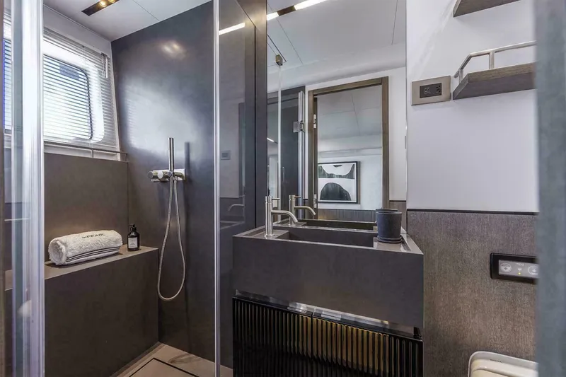 Slide: The Image of Modern bathroom in 2025 Pearl 72 yacht with sleek design and luxury fixtures. - 8