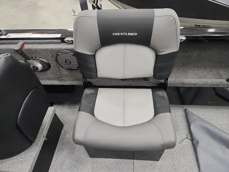 Slide: The Image of 2024 Crestliner 2050 Commander Elite boat seat, gray and black upholstery. - 16