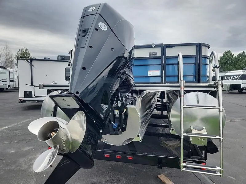 Slide: The Image of 2024 South Bay S224FCR 3.0 pontoon boat with powerful outboard motor. - 4