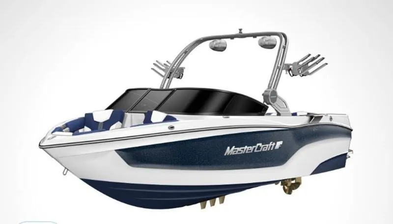 Slide: The Image of 2023 MasterCraft XT22-T boat with sleek design and modern features. - 2