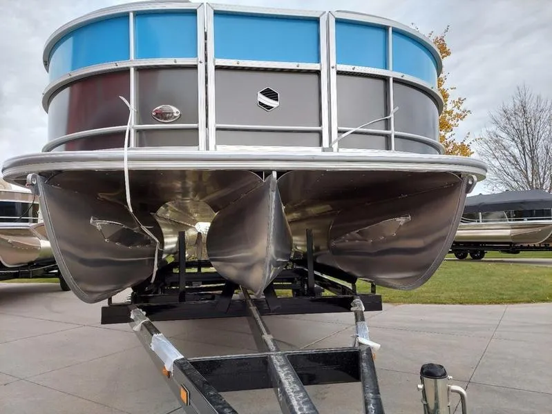 Slide: The Image of 2023 South Bay S224 UL 3.0 pontoon boat on trailer, front view. - 30