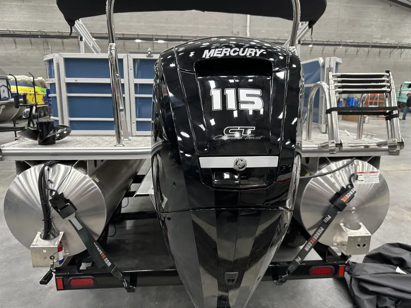 Slide: The Image of 2025 South Bay 222FCRLE pontoon boat with Mercury 115 outboard motor. - 5