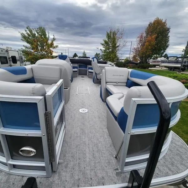 Slide: The Image of 2024 South Bay 222RS LE 2.75 pontoon boat with spacious seating and modern design. - 10