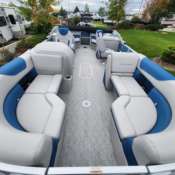 Slide: The Image of 2024 South Bay 222RS LE 2.75 pontoon boat with spacious seating and modern design. - 11