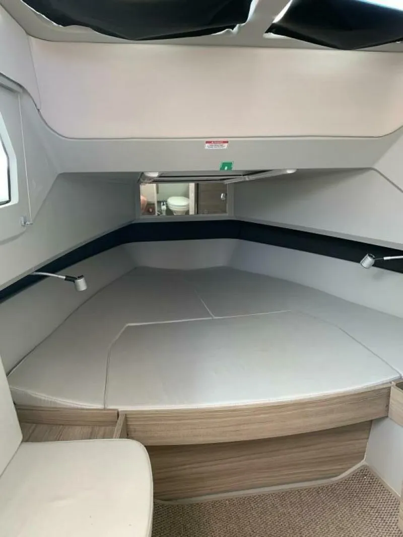 Slide: The Image of 2023 Saxdor 320 GTO cabin interior with modern design and comfortable seating. - 24