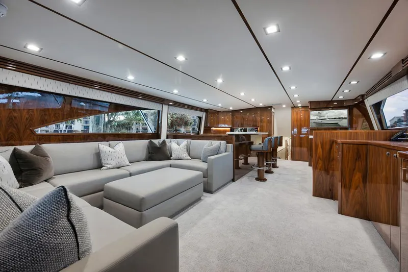 Slide: The Image of Luxurious interior of 2019 Viking 80 Convertible yacht with modern furnishings. - 10