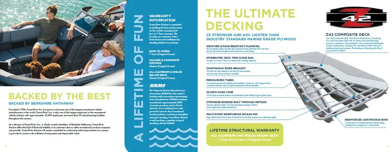 Slide: The Image of 2025 South Bay 222FCRLE brochure highlighting ultimate decking and lifetime structural warranty. - 2