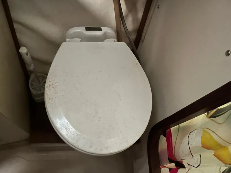 Slide: The Image of 1980 Gulfstar Trawler bathroom with a white toilet and decorative wall art. - 25