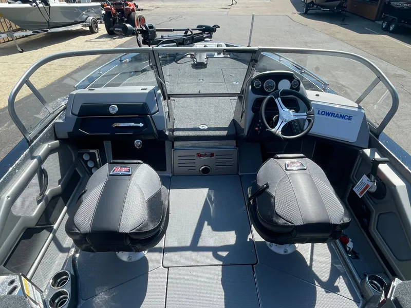 Slide: The Image of 2025 Ranger 620FS Ranger Cup Equipped boat interior with dual seats and navigation console. - 3