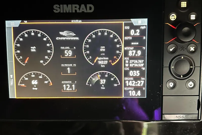 Slide: The Image of Simrad display showing Chaparral 267 SSX OB 2022 boat gauges and navigation data. - 12