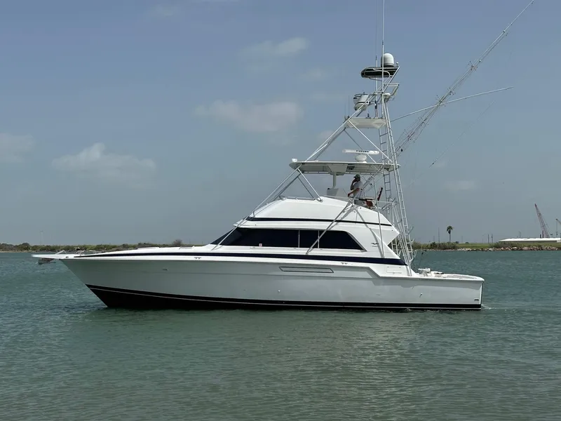 Slide: The Image of 1990 Bertram 50 Convertible yacht on calm water under clear sky. - 1