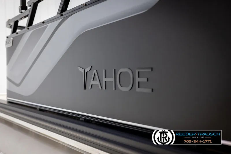 Slide: The Image of 2025 Tahoe SP Cr boat side view with sleek design and logo. - 48