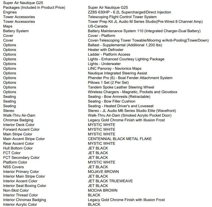 Slide: The Image of Text list of features and options for 2025 Nautique Super Air Nautique G25 boat. - 14