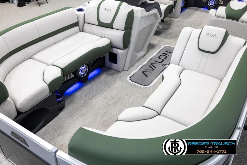 Slide: The Image of Luxurious 2025 Avalon Catalina EL boat interior with plush seating and ambient lighting. - 10