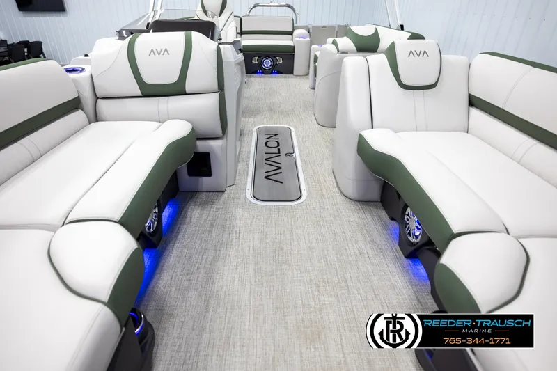 Slide: The Image of Luxurious 2025 Avalon Catalina EL boat interior with plush seating and ambient lighting. - 13