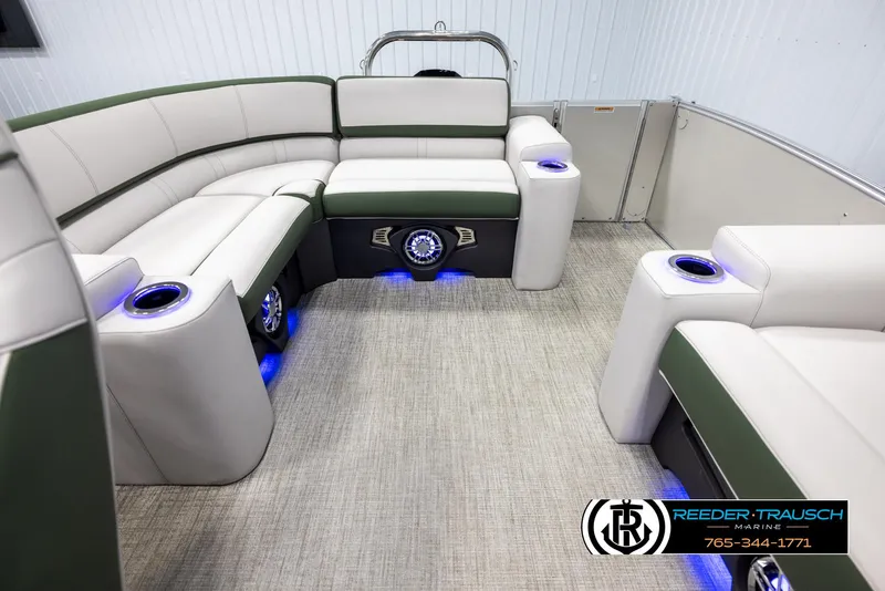 Slide: The Image of Luxurious 2025 Avalon Catalina EL boat interior with LED lighting and plush seating. - 15