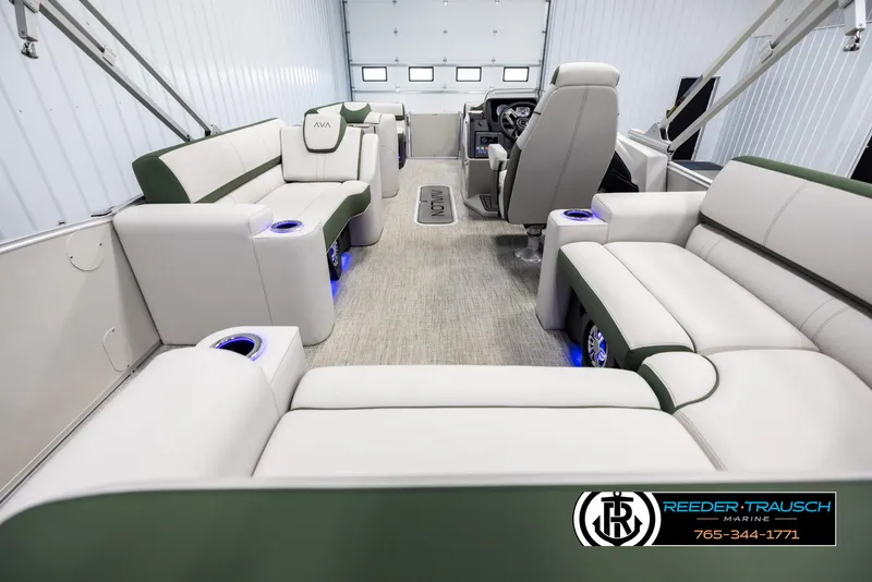 Slide: The Image of 2025 Avalon Catalina EL boat interior with plush seating and modern design. - 16