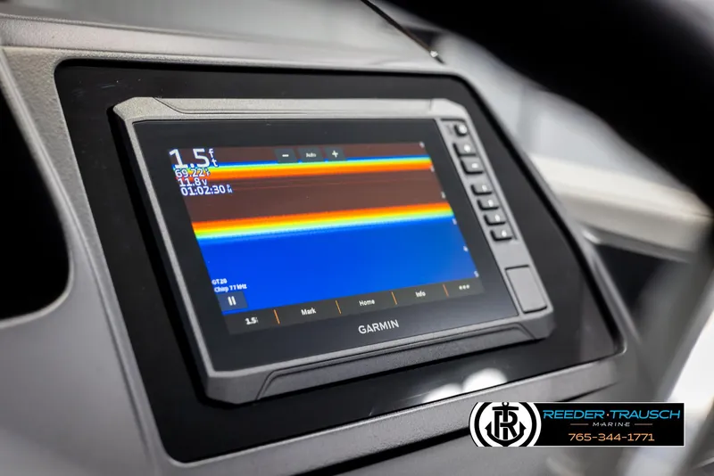 Slide: The Image of Garmin display on 2025 Avalon Catalina EL dashboard, featuring sonar data. - 30