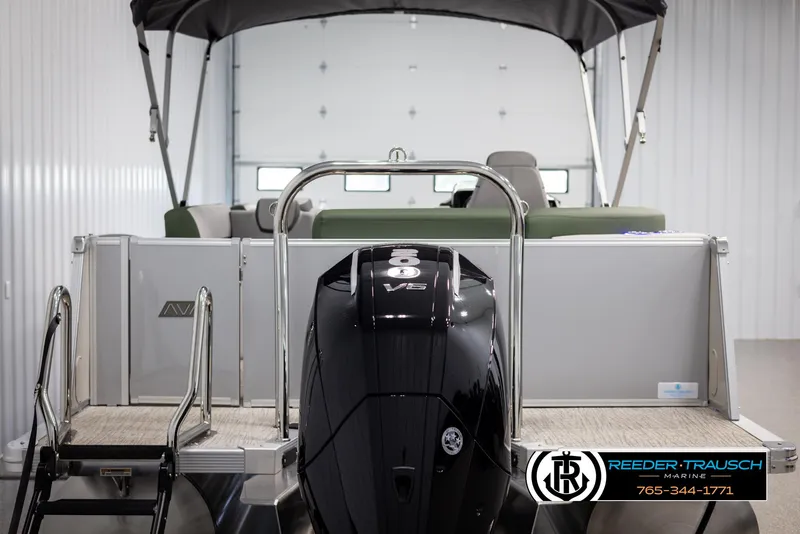 Slide: The Image of 2025 Avalon Catalina EL pontoon boat with powerful V6 engine in showroom. - 7