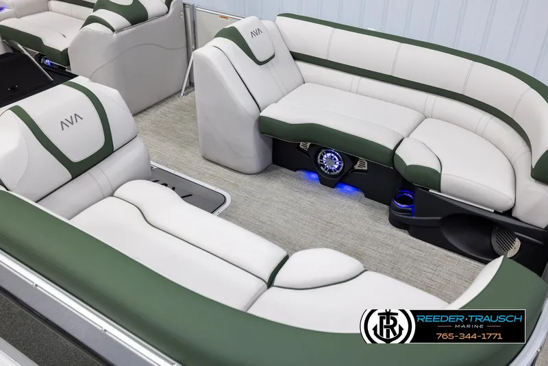 Slide: The Image of Luxurious 2025 Avalon Catalina EL boat interior with green and white seating. - 9