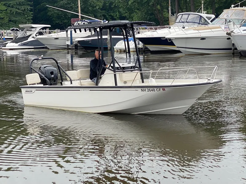 Slide: The Image of 2023 Boston Whaler 190 Montauk boat on calm water near marina. - 4