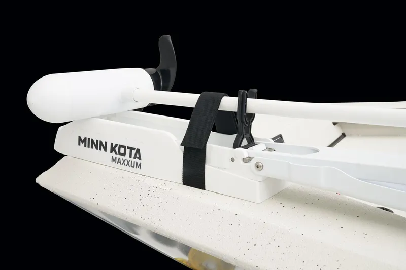 Slide: The Image of 2024 Ranger RB200 boat deck with Minn Kota Maxxum trolling motor and white seat. - 12