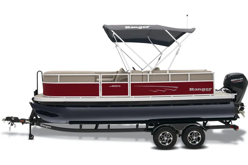 Slide: The Image of 2024 Ranger Reata 200C pontoon boat interior with beige seating and carpeted floor. - 5