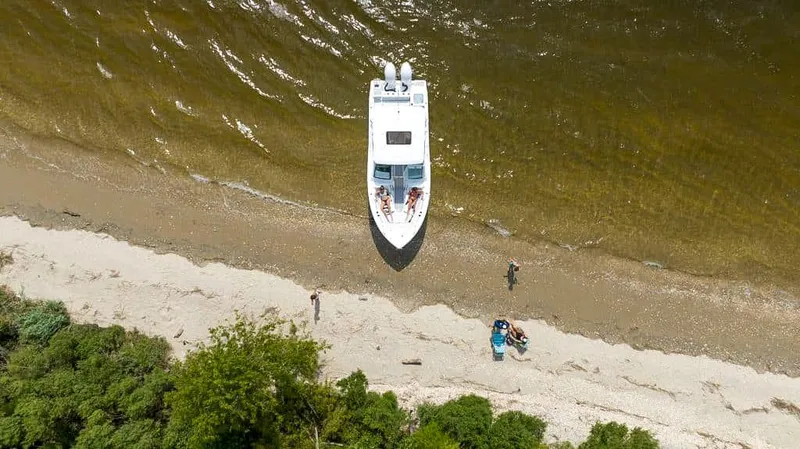Slide: The Image of Aerial view of 2025 Sea Fox 268 Traveler boat on sandy beach. - 4