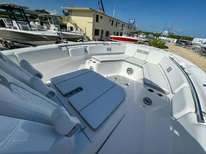 Slide: The Image of 2025 Sea Fox 328 Commander boat interior with spacious seating and modern design. - 19