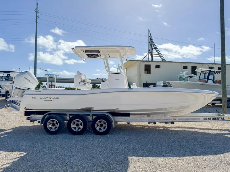 Slide: The Image of 2024 Caymas 26 HB boat on trailer, parked outdoors under clear sky. - 6