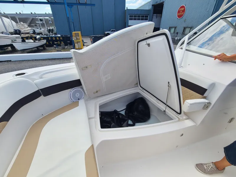 Slide: The Image of 2018 Edgewater 262 CX boat with open storage compartment on deck. - 16