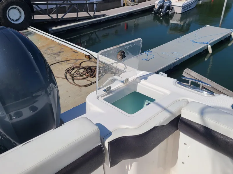 Slide: The Image of Edgewater 262 CX 2018 boat at dock, featuring open storage compartment. - 19