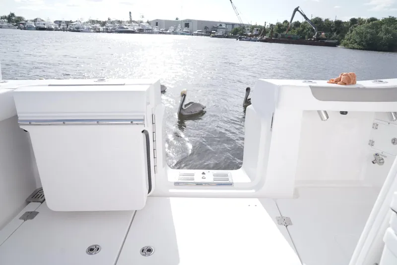 Slide: The Image of 2024 Caymas 34 CT boat deck with pelicans on the water. - 20