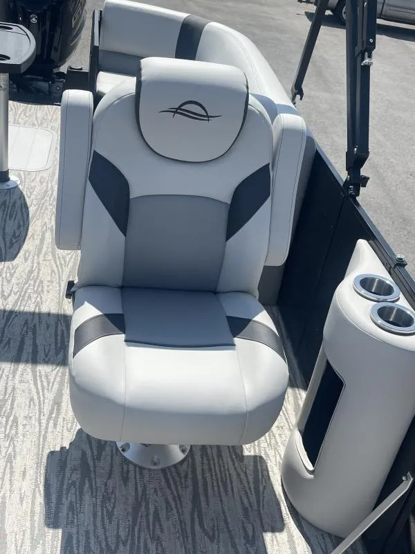 Slide: The Image of 2025 G3 SunCatcher V322 RC boat seat with cup holders, gray and white design. - 8